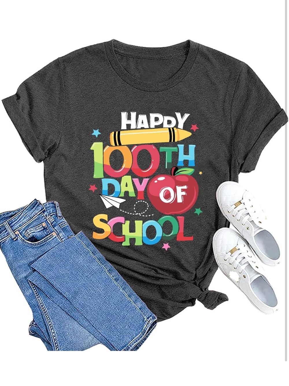 Womans'Happy 100th Day of School' Graphic Tee - Black